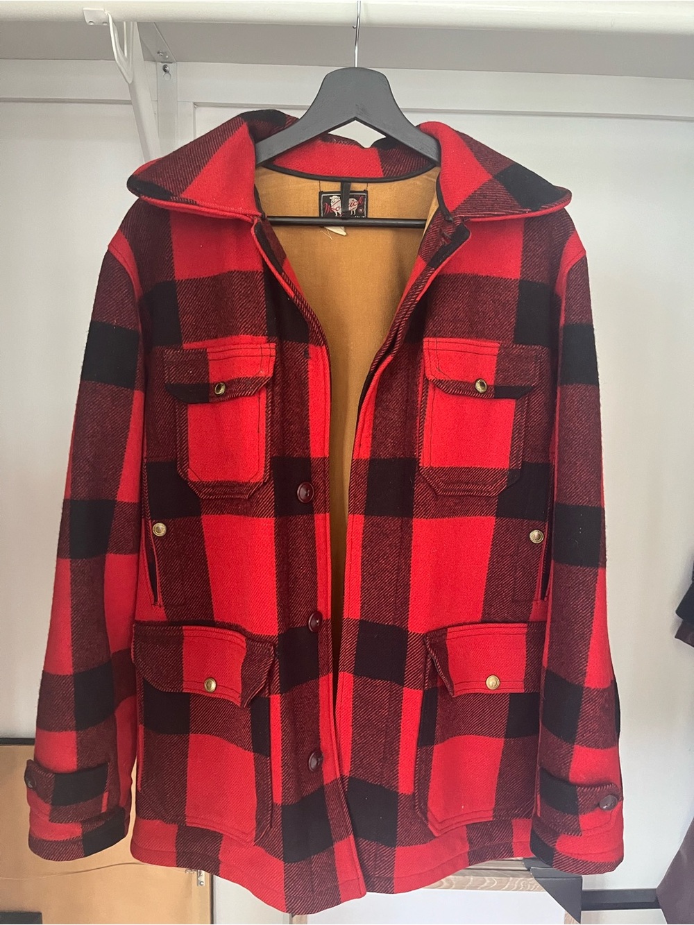 Woolrich Red and Black Buffalo Plaid Hooded Wool Field Jacket